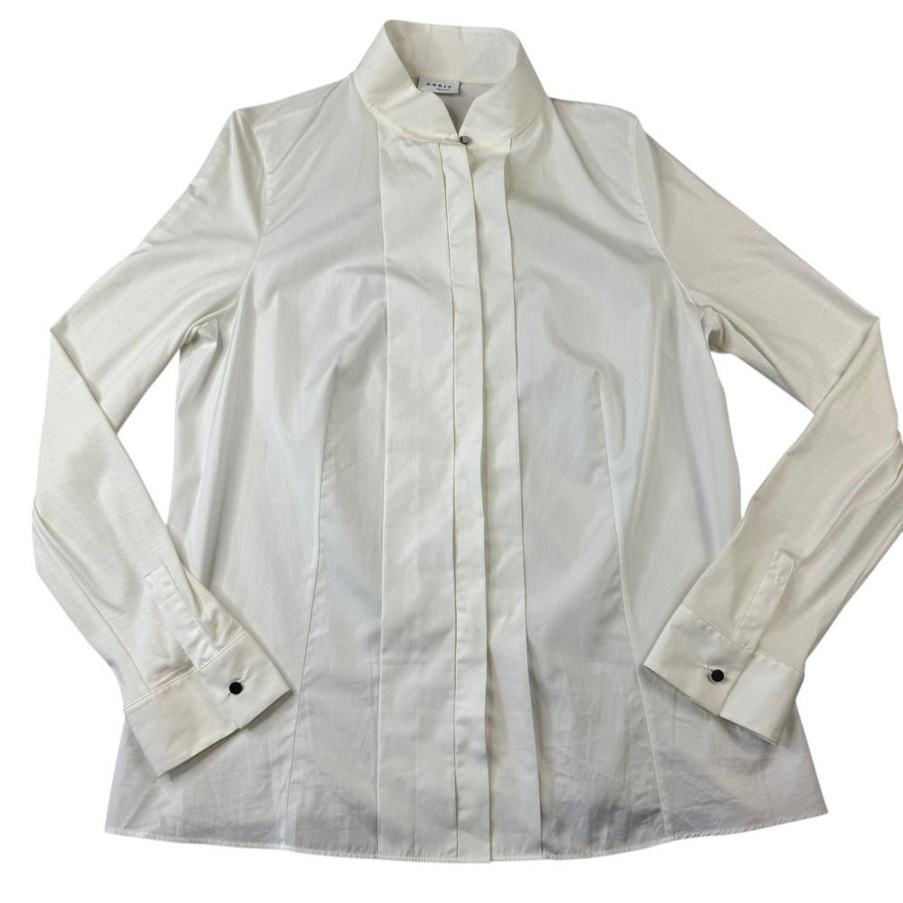 Akris Punto Womens Button Front Shirt Blouse Size 14 Ivory Cream Long Sleeve